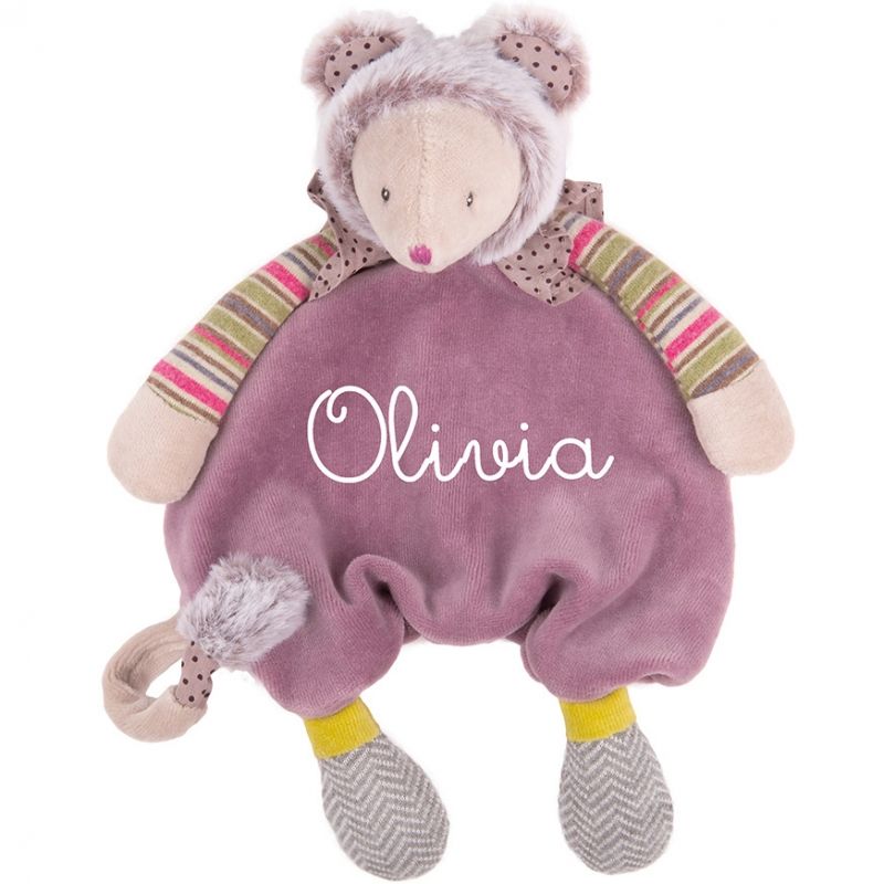Doudou attache sucette souris parme Les Pachats personnalisable (28 cm) Moulin Roty