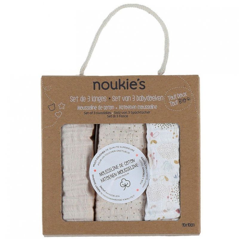 Lot de 3 langes en mousseline de coton bio Lina & Joy (75 x 75 cm) Noukie's