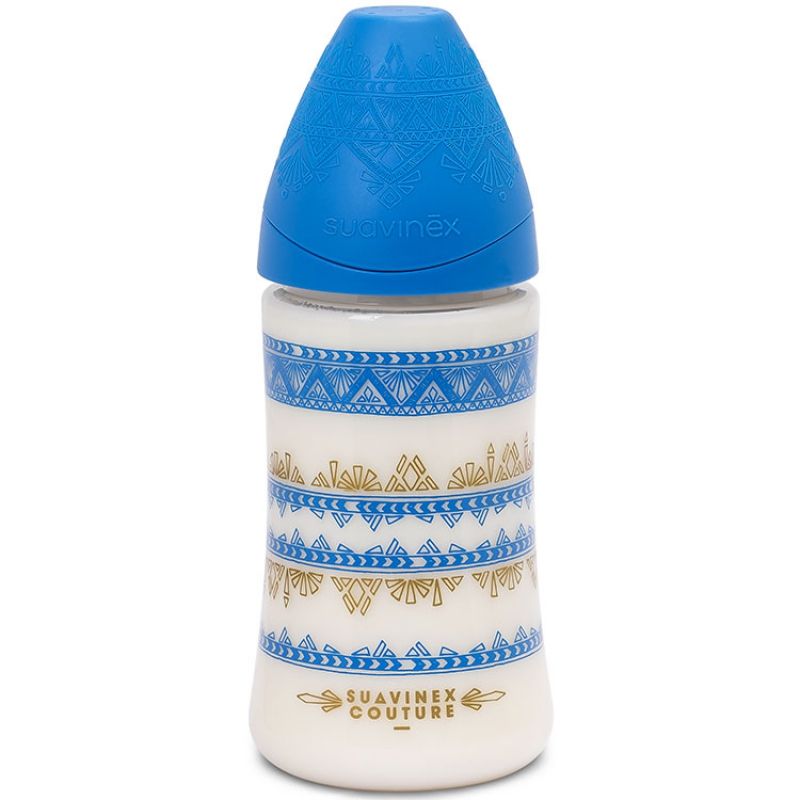 Biberon Couture Ethnic 3 vitesses bleu foncé et doré (270 ml) Suavinex
