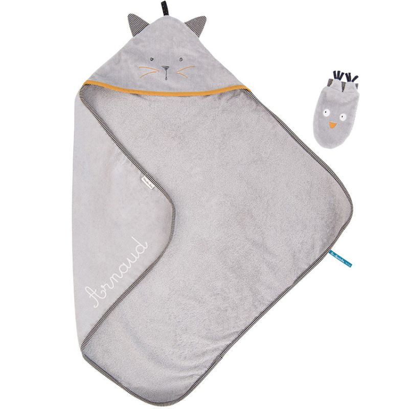Cape de bain + gant chat Les Moustaches personnalisable (80 x 80 cm) Moulin Roty