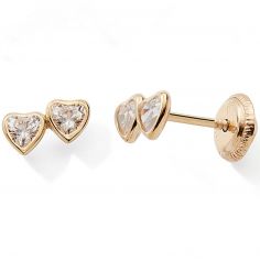 Boucles d'oreilles à vis 2 Cœurs blancs (or jaune 9 carats) - Baby bijoux