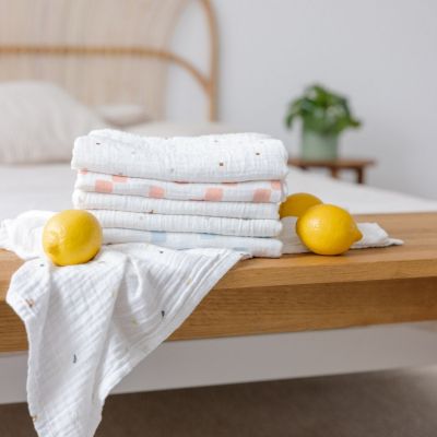 Lot de 3 langes mousseline GOTS Happy Fruits pêche (85x85 cm)