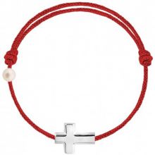 Bracelet cordon Croix et perle rouge (or blanc 750°)  par Claverin