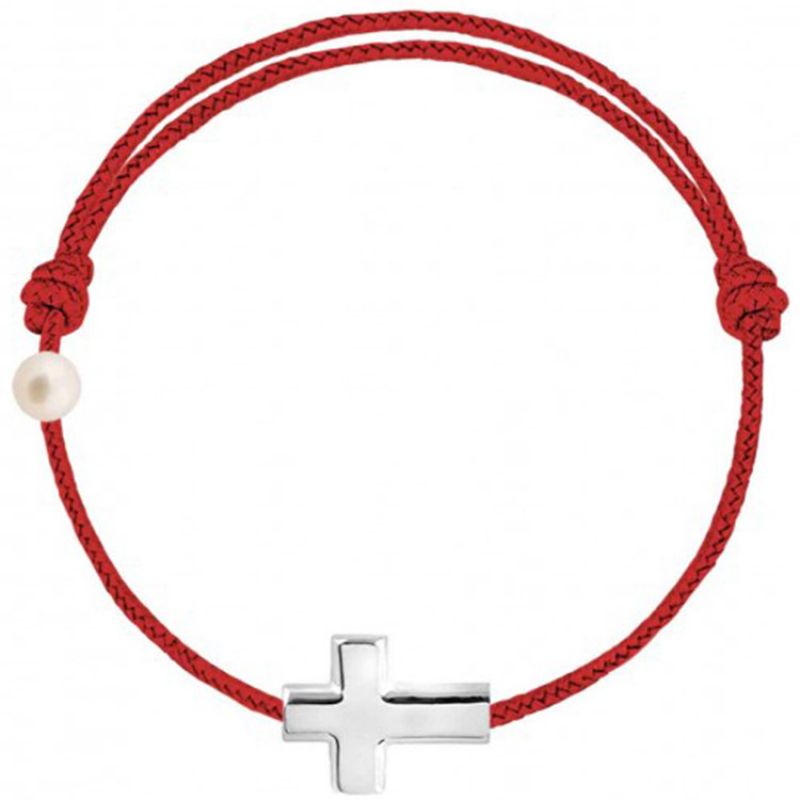 Bracelet cordon Croix et perle rouge (or blanc 750°) Claverin