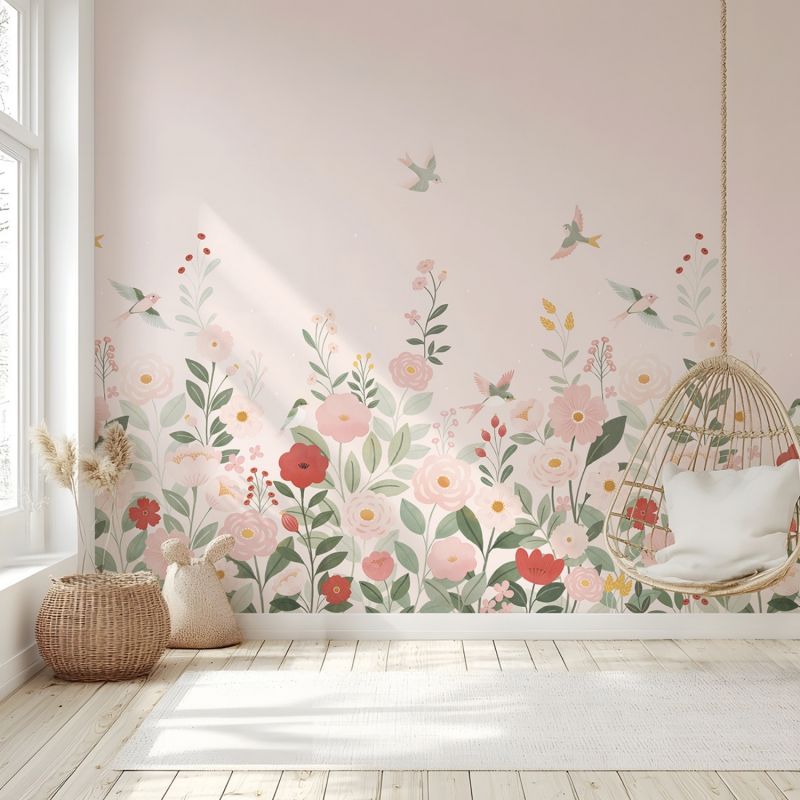 Papier peint panoramique Decor Alysse fleurs et oiseaux rose (2m x 3m)  Lilipinso Ambiance 2