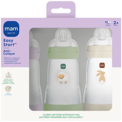 Lot de 3 biberons Easy Start anti-colique Lilas+Sable+Nature Tétine Débit 2 (260ml)