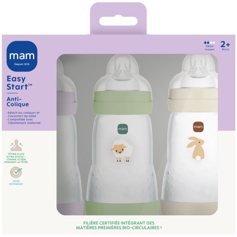 Lot de 3 biberons Easy Start anti-colique Lilas+Sable+Nature Tétine Débit 2 (260ml) MAM Produit 2