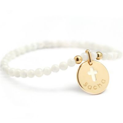 Bracelet femme en perles Croix ivoire plaqué or (personnalisable) Petits trésors