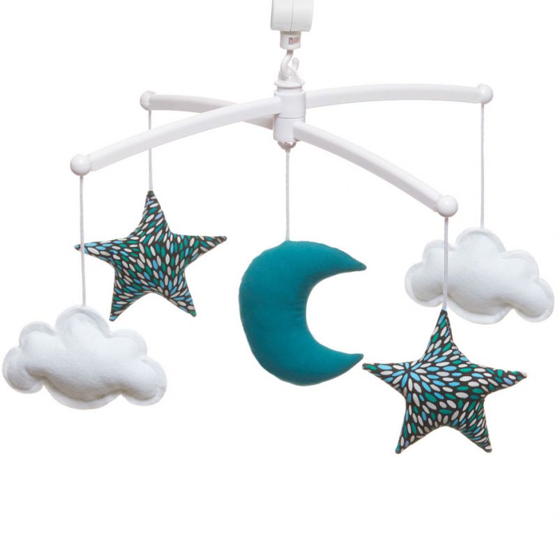 Mobile musical lune bleu paon (mélodie au choix) Pouce et Lina