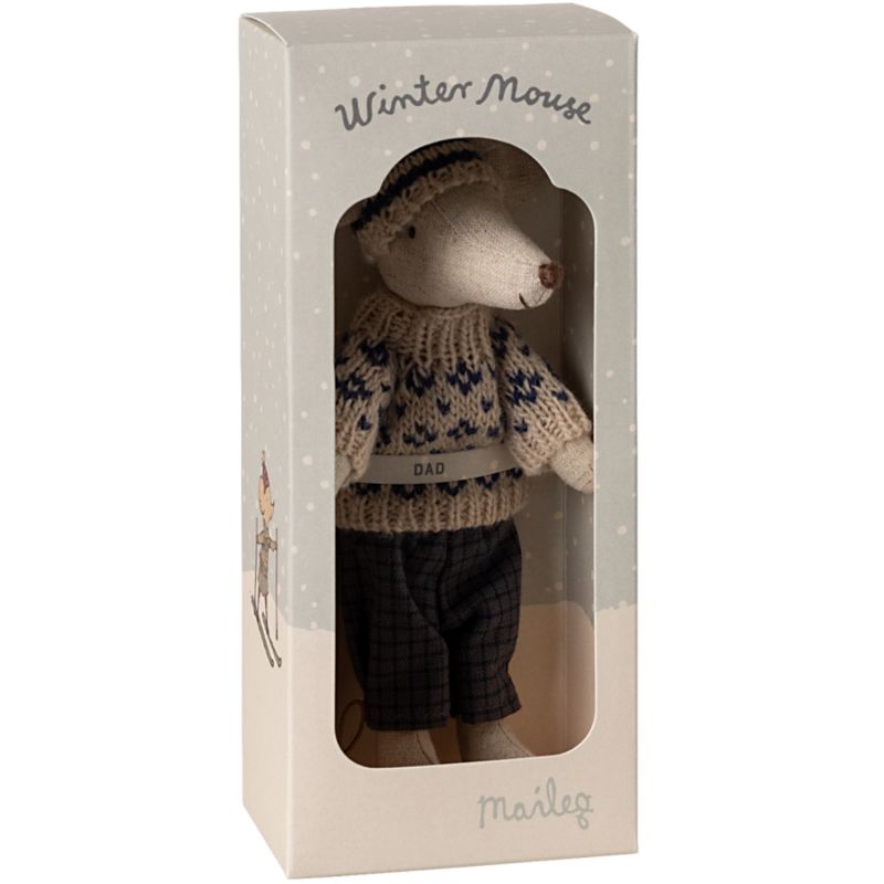 Papa Souris en hiver et sa paire de skis Bleu Maileg Packaging 4
