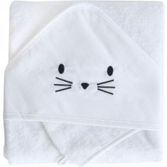 Cape de bain + gant chat blanc (75 x 75 cm)