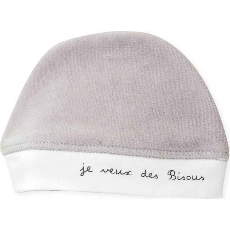 Bonnet bébé en velours gris Je veux des bisous (0-1 mois) Trois Kilos Sept