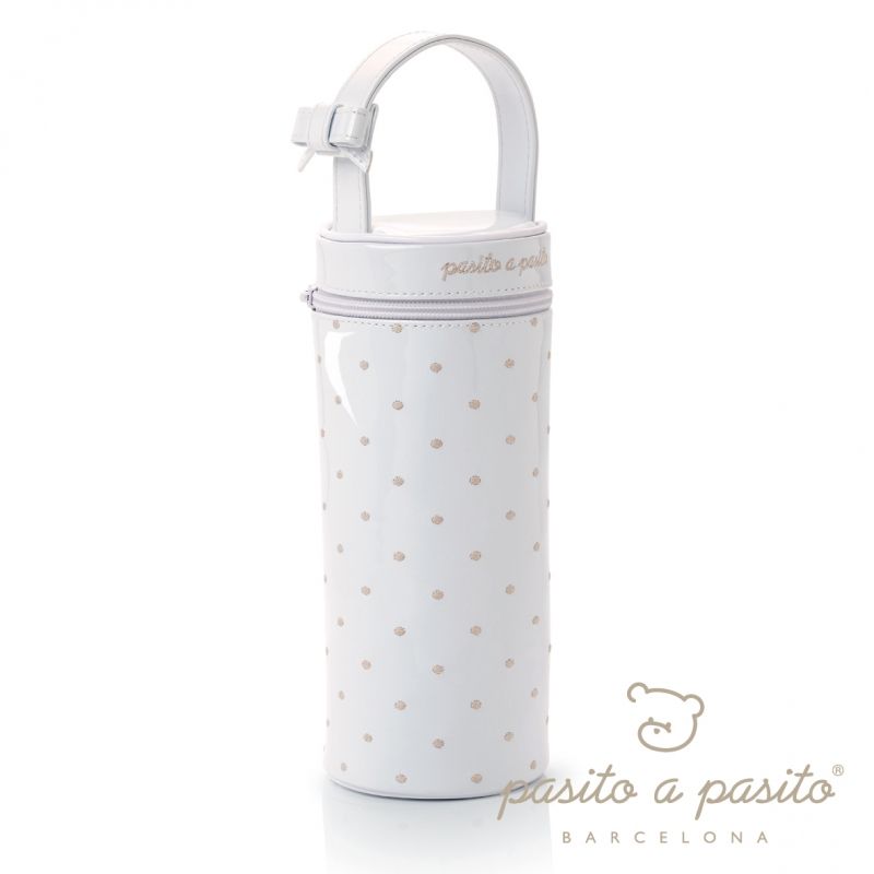 Housse de biberon éco-cuir verni blanc à pois beige Pasito a pasito