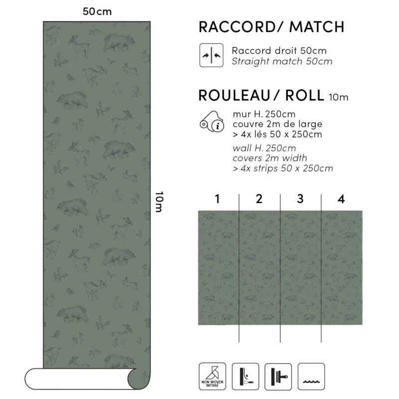 Papier peint Animaux de la forêt vert foncé (50 cm x 10m)  Lilipinso Produit 3
