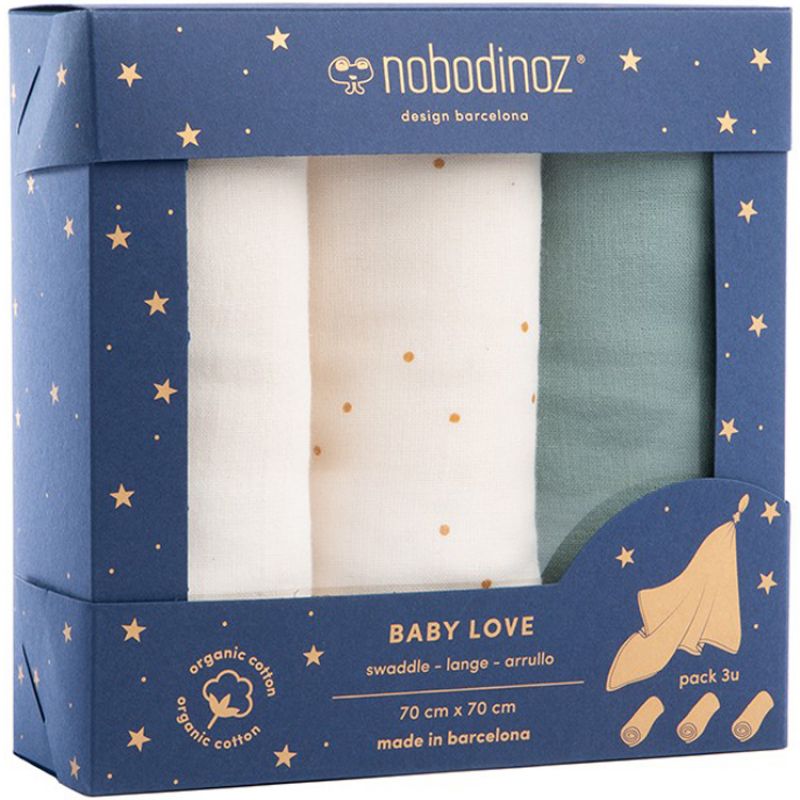 Lot de 3 langes en coton bio Eden Green (70 x 70 cm) Nobodinoz