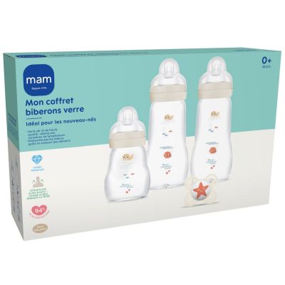 Coffret biberons verre Nature Lin (3 biberons + 1 sucette)