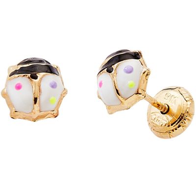Boucles d'oreilles Coccinelle Blanc-Noir (or jaune 375°)