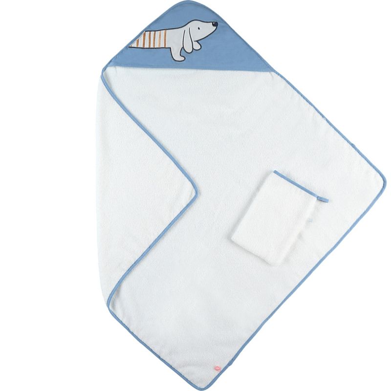 Cape de bain + gant Aston & Jack Chien bleu (75 x 75 cm) Noukie's