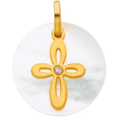 Médaille nacre ronde avec croix découpée (nacre et or jaune 750°) Berceau magique bijoux