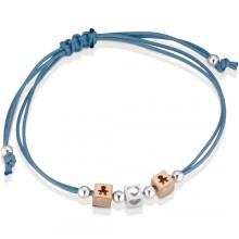 Bracelet cordon turquoise 2 cubes garçon 1 cube coeur (or rose 375° et argent 925°)  par leBebé
