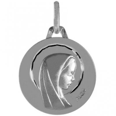 Médaille ronde Vierge auréolée 16 mm facettée (or blanc 750°)