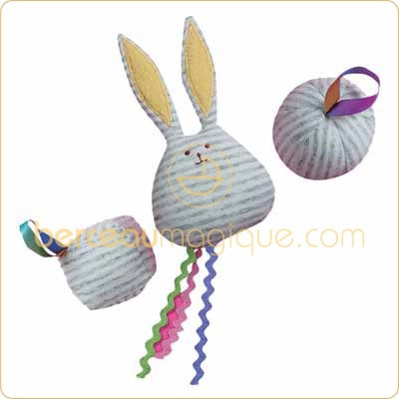 Set de 3 peluches rayures grises (lapin, cube et balle) Trousselier