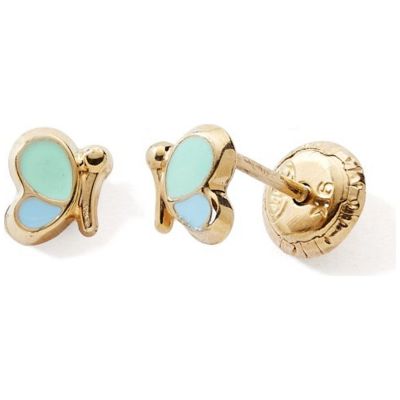 Boucles d'oreilles à vis Papillon Bleu-Vert (or jaune 375°)