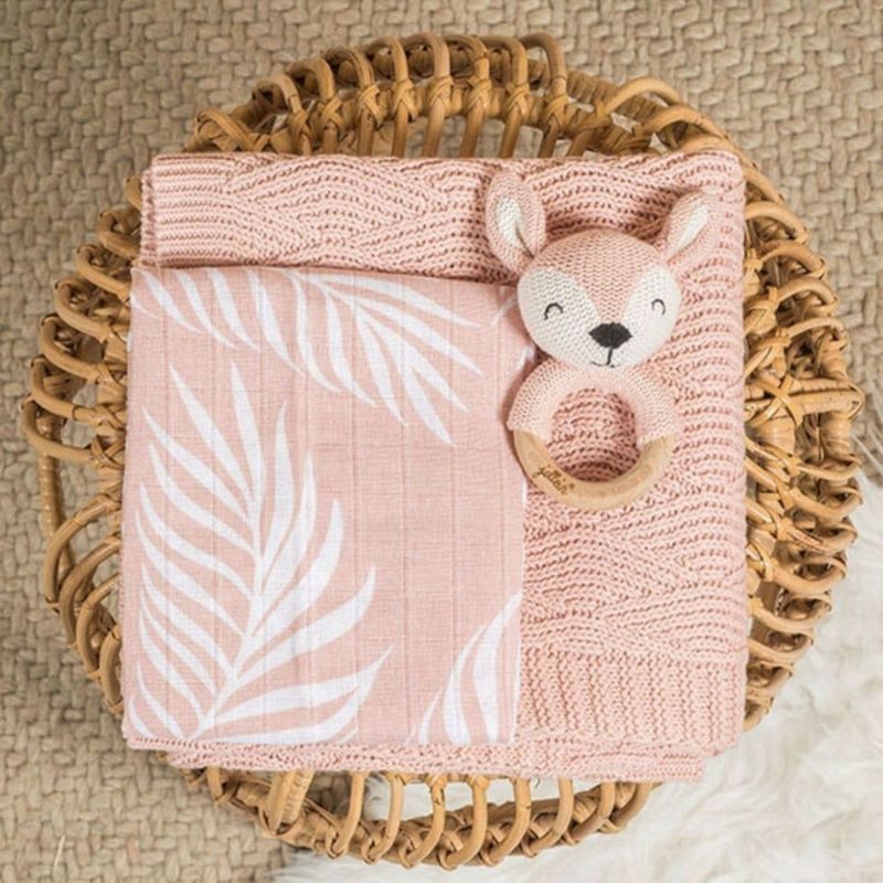 Hochet anneau de dentition biche en tricot rose pâle Jollein Ambiance 2