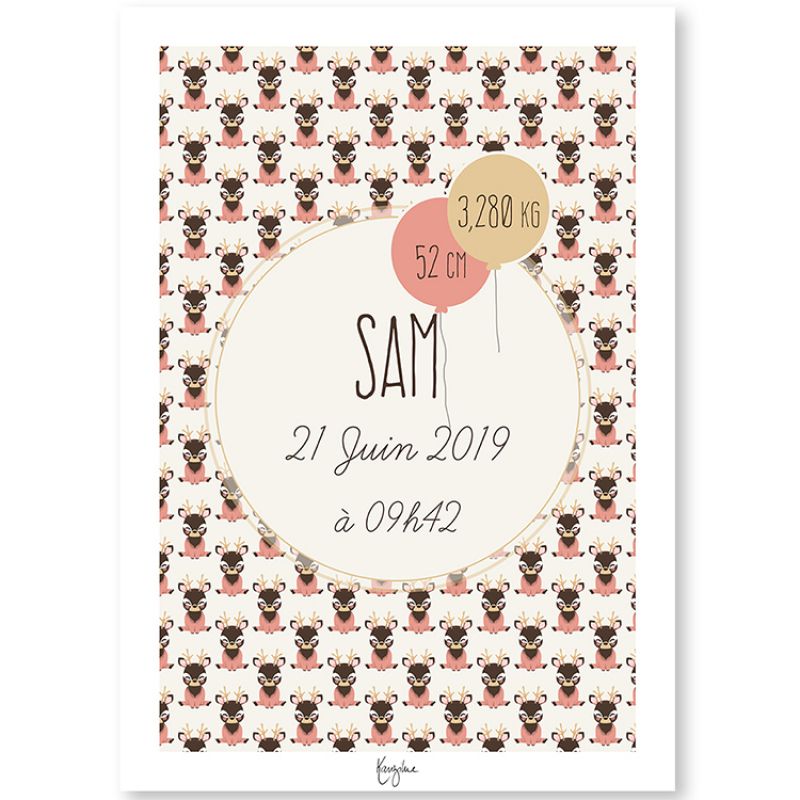 Affiche de naissance A4 Les Animignons Cerf (personnalisable) Kanzilue