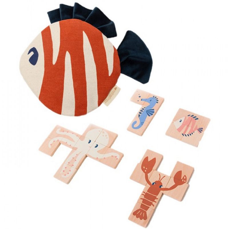 Lot de 4 puzzles en bois Animaux marins (4 à 10 pièces) Nobodinoz