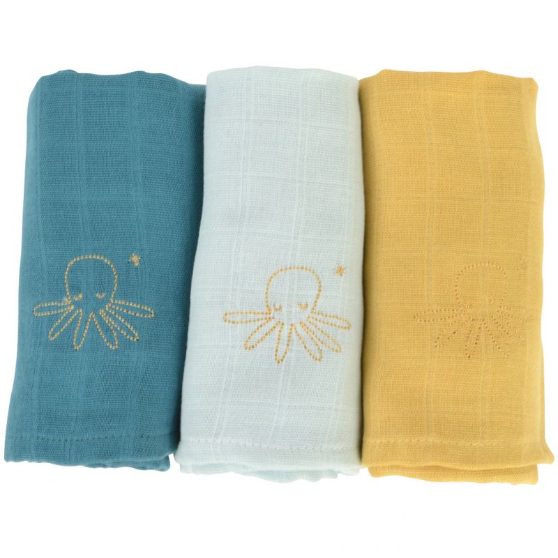 Lot de 3 langes en coton bio Octopuce (60 x 60 cm) Little Crevette