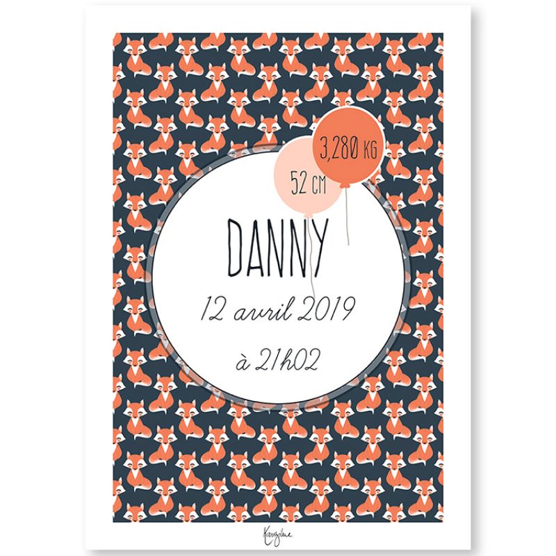 Affiche de naissance A3 Animignons Renard (personnalisable) Kanzilue