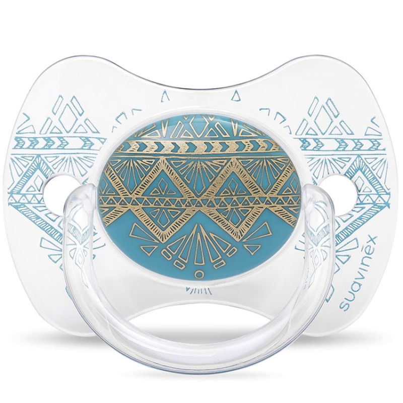 Sucette anatomique réversible Couture Ethnic bleu et doré en silicone (18 mois et +) Suavinex