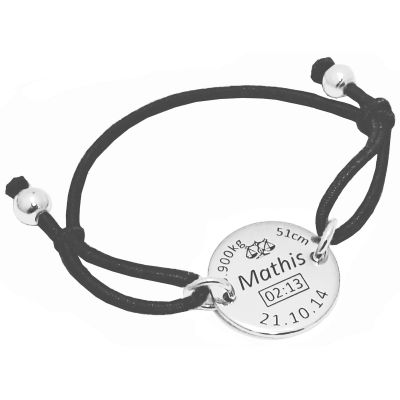 Bracelet cordon noir médaille de naissance (argent 925° rhodié) Alomi