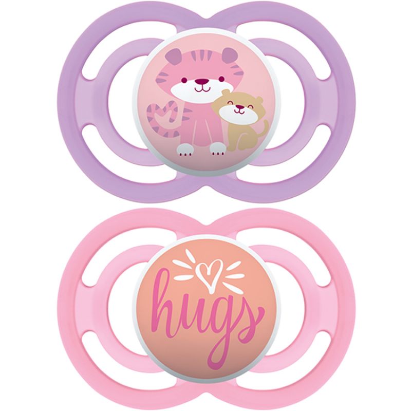 Lot de 2 sucettes anatomiques Perfect tigre et hugs fille (6 mois et +) MAM