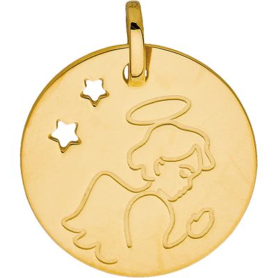 Médaille ronde Ange auréolé étoile ajourée (or jaune 375°) Berceau magique bijoux