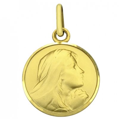 Médaille ronde Vierge priante 16 mm bord brillant (or jaune 750°) Premiers Bijoux