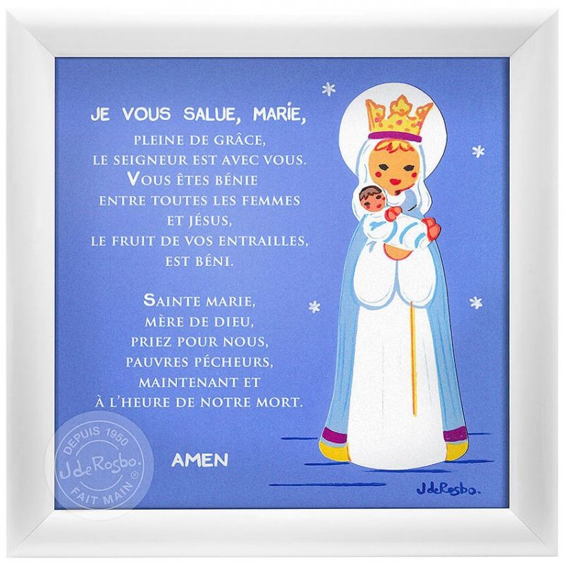 Tableau religieux Prière je vous salue Marie bleu (15 x 15 cm) Atelier de Rosbo