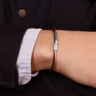 Bracelet papa cuir et câble Marron (personnalisable)