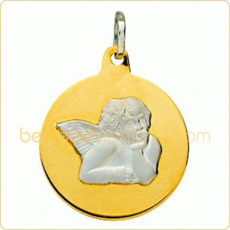 Médaille Bicolore Ange sur Plaque ronde ( or jaune et or blanc) Berceau magique bijoux
