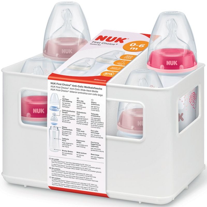 Coffret de naissance casier et 4 biberons roses (150 et 300 ml) NUK
