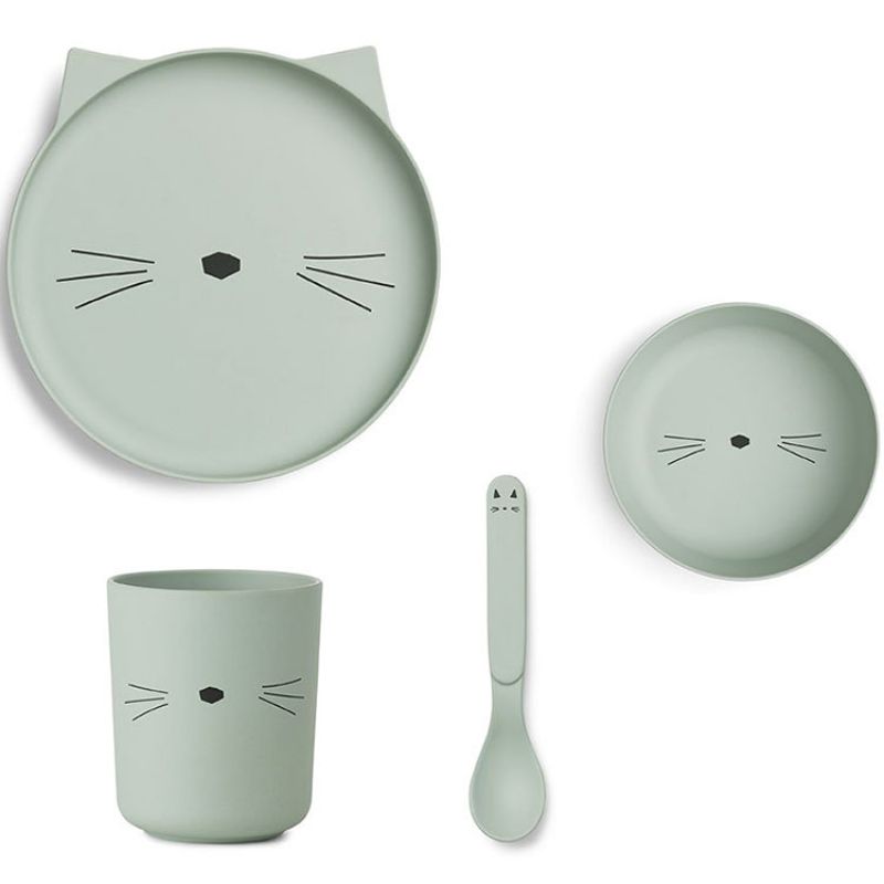 Coffret repas en bambou chat dusty mint (4 pièces) Liewood