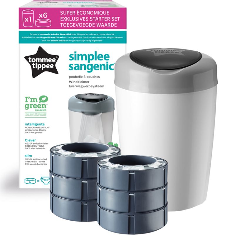 Starter pack poubelle à couches Simplee grise + 6 recharges Tommee Tippee