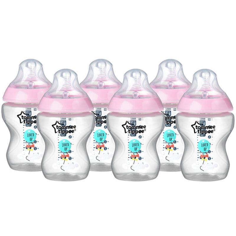 Lot de 6 biberons Closer to nature décoré rose (260 ml) Tommee Tippee