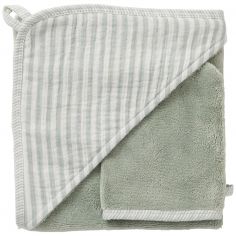 Cape de bain + gant éponge bambou et gaze rayé vert de gris - BB & Co