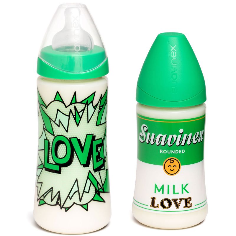 Lot de 2 biberons Arty Baby vert avec attache serviette (270 ml et 360 ml) Suavinex