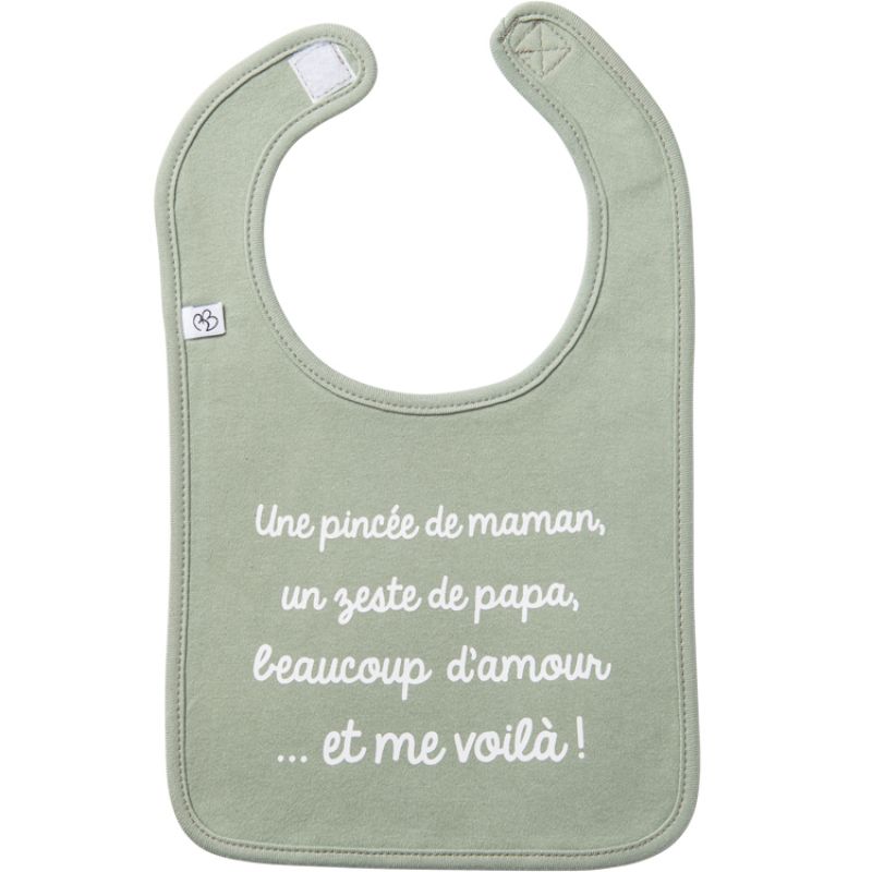 Bavoir Une pincée de maman, un zeste de papa vert de gris BB & Co