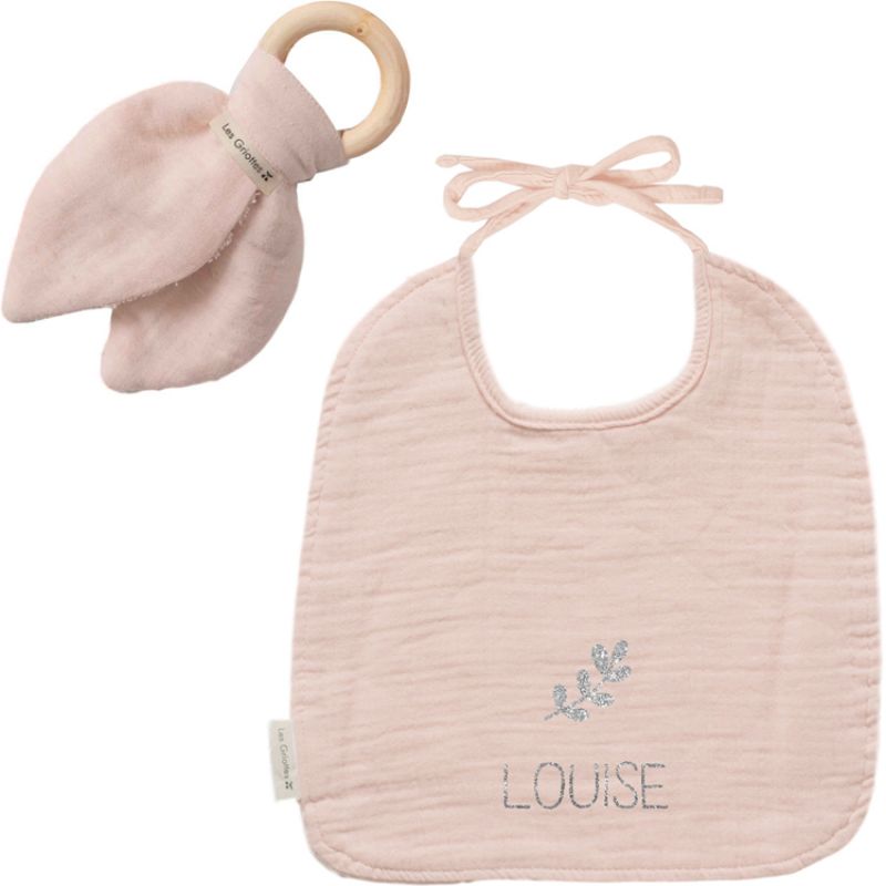 Set de naissance Bavoir et anneau de dentition Beige rosé (personnalisable) Les Griottes Produit 1 grande taille