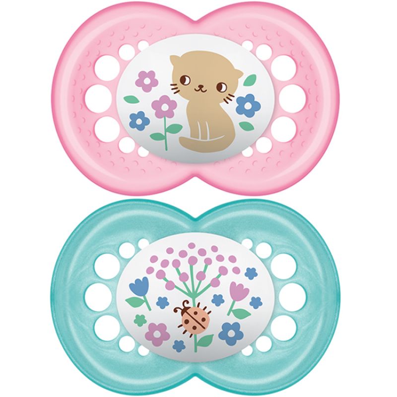 Lot de 2 sucettes anatomiques Décor classique chat et fleurs en silicone (6 mois et +) MAM