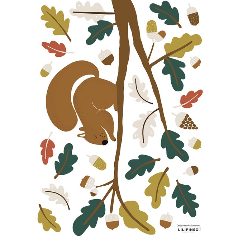 Planche de stickers A3 Ecureuil, feuilles vertes Lilipinso